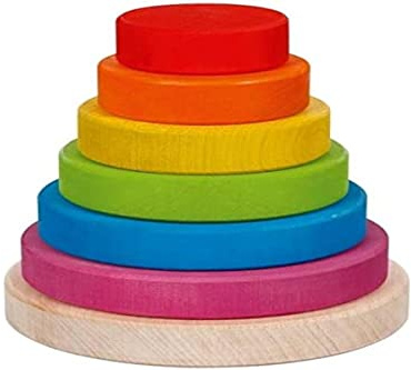 goki Evolution 58473 Stapelturm aus Holz, Bunte Holzringe in unterschiedlichen Größen, Farben auf Wasserbasis, fördert Motorik und Hand-Augen-Koordination, Made in Europe, 13cm, 7er Set, ab 2 Jahre