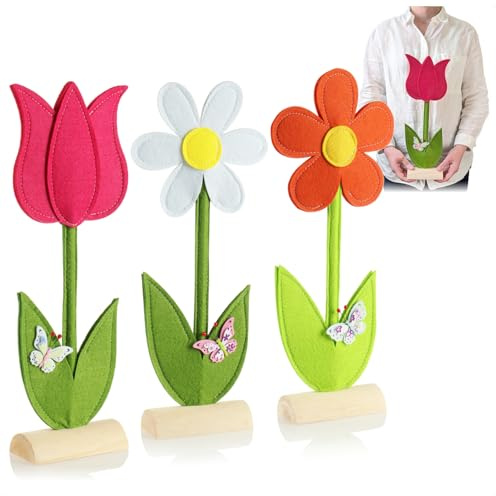 com-four® 3X Standees Decorativos para Pascua y Primavera - Lindas Flores de Fieltro - Decoración de Pascua para Colocar (Flor - 3 Piezas)