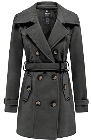 Wantdo Women's Double Breasted Warm Coat Blend Pea Coat Belted Slim Fit Elegent Outercoats Winter Mid-Length Warm Coat Dark Grey-New XL