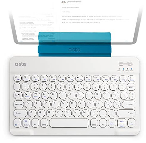 SBS Tastiera Wireless Bluetooth Universale, Layout QWERTY, Stand Integrato, Design Sottile, Ricaricabile, per Tablet, iPad, Smart TV, Smartphone, Bianca