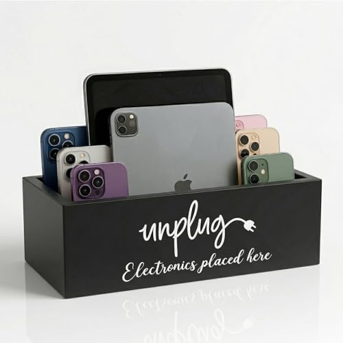 CHONIC Farmhouse Style Unplug Box, Cell Phone Basket, Wood Mobile Phone Jail, Family Time Out Charging Station, Black