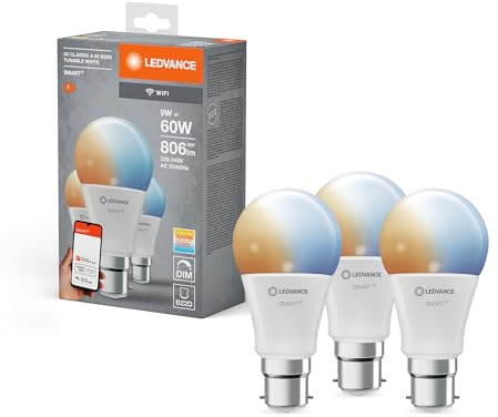 LEDVANCE Smarte LED-Lampe mit WiFi Technologie, Sockel B22d, Dimmbar, Lichtfarbe änderbar (2700-6500K), ersetzt Glühlampen mit 60 W, SMART+ WiFi Classic Tunable White, 3er-Pack