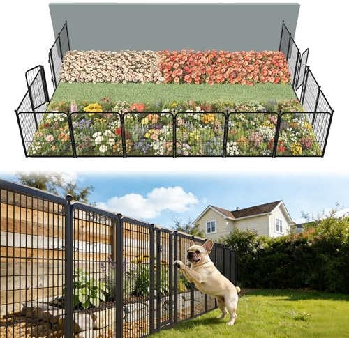 FXW Garden Fence Outdoor for the Yard – 24in(H) x 30.4ft(L) Heavy Duty Metal Animal Barrier for Dog, No Dig Decorative Dog Fence, 16 Panels, Black