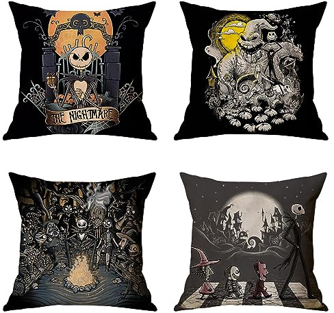 semen 4 Pcs Kissenbezüge Halloween Dekos Set Halloween Motiv Deko Hexe Leinen Kissen Haus Wohmzimmer Sofa Moderne Plüsch Fashion Type 45x45 cm
