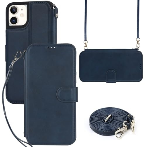 ELTEKER Hülle für iPhone 12 Mini Handyhülle mit Band Crossbody Strap, Klapphülle mit dem Verstellbaren Umhängeband - Blau