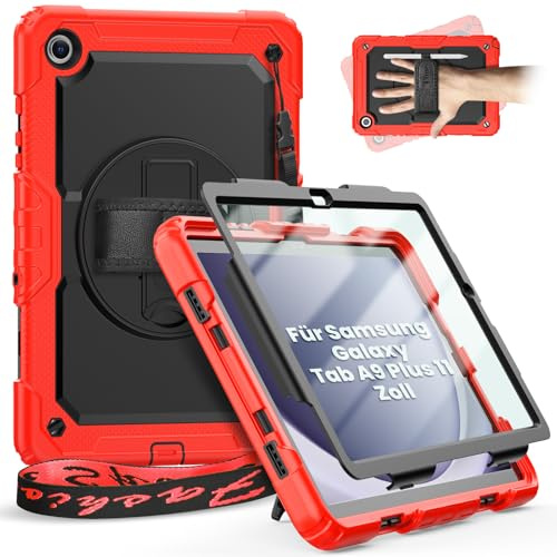timecity Coque pour Samsung Galaxy Tab A9+ Plus 11'' 2023, Coque Antichoc avec Protecteur D'écran Porte-Stylo [Dragonne Rotative à 360] et Support,- Rouge