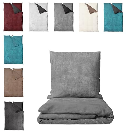 one-home Winter Bettwäsche Unifarben Teddy Plüsch Cashmere Touch Nicki Coral Fleece Flauschig Kuschelig Warm Weich, Farbe:Uni grau, Größe:2 teilig 135x200 cm