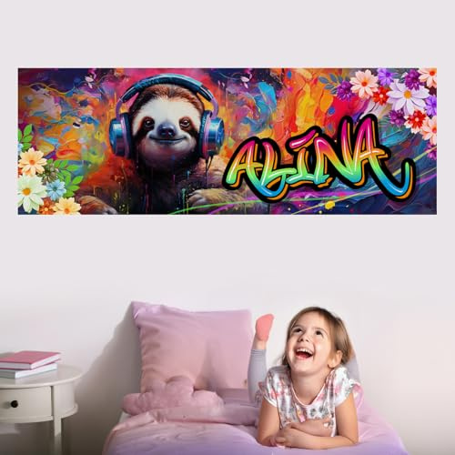 tjapalo® VZ106 Graffiti Poster für Jugendzimmer - Cooles Wandbild mit Namen für Teenager und Mädchen - Faultier Motiv, Größe: B100xH35cm
