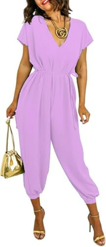 STAR FASHION Harems-Jumpsuit für Damen, V-Ausschnitt, Gürtel, Taille, weites Bein, Größe 36-40, Flieder, 8-14
