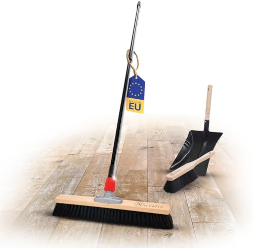 Novaliv Balai de salle avec manche, 50 cm, poils synthétiques, avec balayette, noir, composé d'une pelle et d'une balayette à main, balai fin, balai d'atelier, de salle avec manche, balai industriel