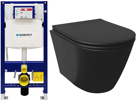Alpenberger WC mural sans bord - Cuvette avec couvercle de toilette en forme de D - Toilette moderne noir mat avec réservoir de chasse Geberit - Ensemble complet de WC suspendu