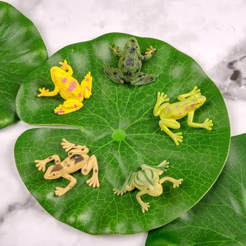 EMAGEREN 25 PCS Decoración para Estanque, 8 Hoja de Loto Artificiales de EVA 10/15/18/20cm, 12 Figuras de Rana de Decoracion de 6 Colores con 5 Libélulas de plástico para Acuario Jardín Estanque