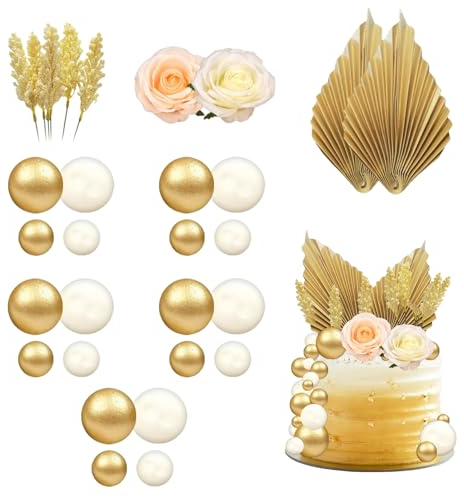 Dinghaole 30 Pcs Boho Cake Decorations, Champagne Rose Cake Decoration Balls, Balloon Cake Foam Ball Cake Picks Cupcake Faux Pearl Balls, Gold Ball Cake Decoration Boho Party Supplies
