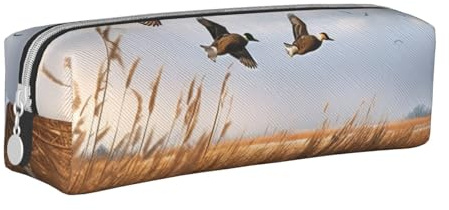 KCGSDEGV Niedliches Federmäppchen mit Jagd-Motiv fliegende wilde Ente aus Leder, Stiftetasche, Stifthalter, Schule, Schreibwaren, Organizer, Stiftebox, weiß, Einheitsgröße, Schulranzen