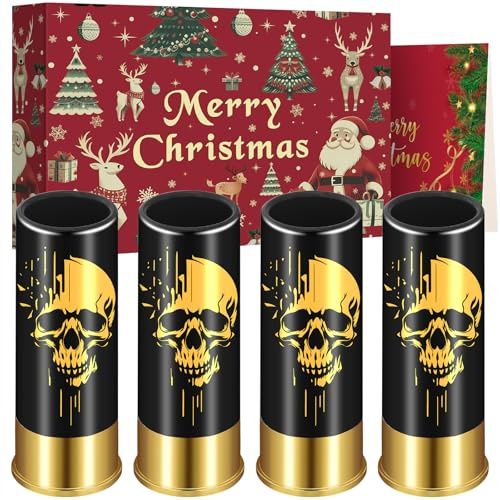 Skull Plastic Shot Glasses, Set of 4 with ChristmasGift Box, Gothic Gifts, 12GA Small Bullet Shot Cups, Novelty Shot Glasses for Wedding Party Gifts, Shot Glasses for Whiskey Vodka Liquor, Black