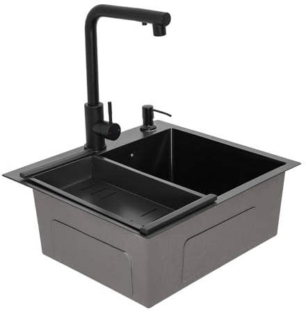 50x45cm Spüle Spülbecken Edelstahl Küchenspüle Set mit Wasserhahn und Seifenspender, Schwarz Einbauspüle Spülbecken, Spüle Küche