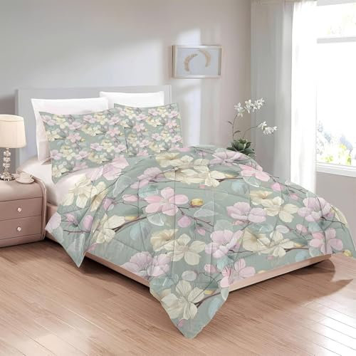 Bettdecke 200x220 Ohne Bezug Nutzbar, Blume Leaf Pflanze Bettdecken Waschbar Ganzjahresdecke Aquarell 4 Jahreszeiten Steppdecke, Bettzeug Microfaser mit 2 Kissenbezug für Sommer Winter Doppelbett