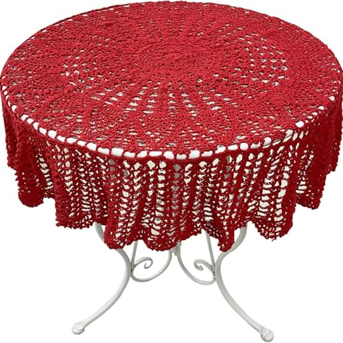 USTIDE Runde handgefertigte Häkel-Tischdecke, weiche Baumwolle, runde Tischdecke, romantische Häkelspitze, Tischdecken für Wohnzimmer, Schlafzimmer, Esszimmer, Hochzeit, Party, 120 cm, Rot