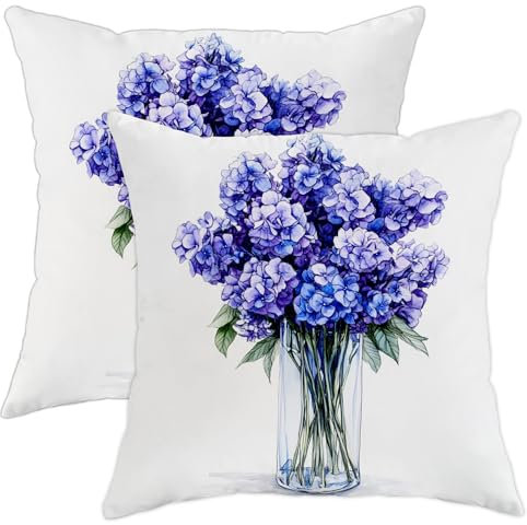 Set di 2 federe per cuscini quadrati con stampa floreale viola, ortensia blu, decorazione primaverile, per casa, divano, letto, 40,6 x 40,6 cm