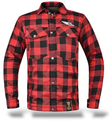 TLA Grid Camisa de Moto con Protecciones, Chaqueta de Franela a Cuadros con Refuerzos de aramida, Unisex para Hombre y Mujer, Chaqueta Vintage para Moto y Scooter, con Cremallera y Botones, Rojo, L