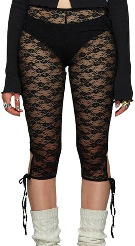 Cusghjbsg Pantaloni corti da donna in pizzo Capri Y2k a rete pura elastica a vita alta vedere attraverso leggings estivi casual con orlo arricciato pantaloni crop, Nero D, M