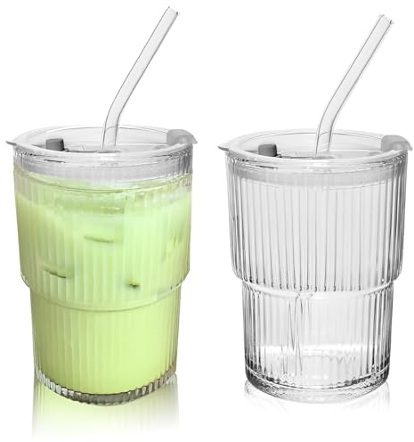 IKOPFLN 2 Pezzi 400ml Bicchiere con Cannuccia e Coperchio, Bicchieri a Righe da, Design a Tenuta Stagna, Bicchieri Frullato in Vetro Trasparente Applicabile per Cocktail Bicchieri da Caffè Freddo