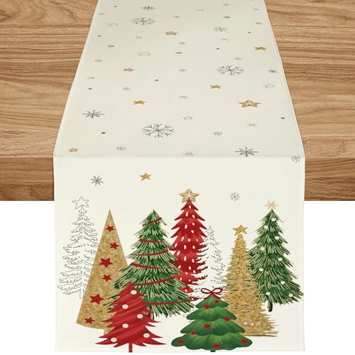 ZWJD Tischläufer Weihnachten 40x180 cm Tischläufer Beige Modern Weihnachtstischläufer Weihnachtsbäumen Schneeflocken Festliche Weihnachtsdeko Tisch für Winter, Feiertage, Esszimmer &Wohnzimmer