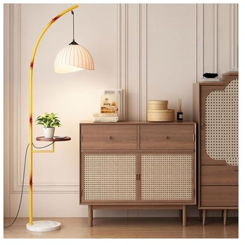 Moderne Lampadaire moderne et créatif avec ports de chargement USB, lampadaire en arc avec plateau, lampe de table d'appoint en bois, lampe de lecture réglable for chambre à coucher, salon, bureau Dec