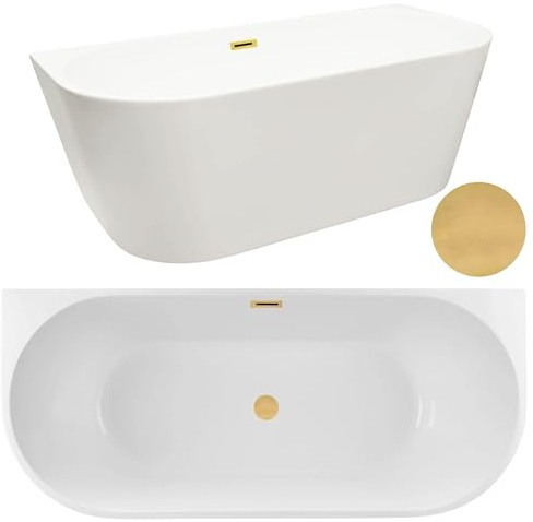 AQUAUNO Bañera acrílica independiente de 150 x 75 cm para montaje en pared de acrílico sanitario de alta calidad, con desagüe clic-clac, rebosadero, cubierta, desagüe en oro, diseño de bañera
