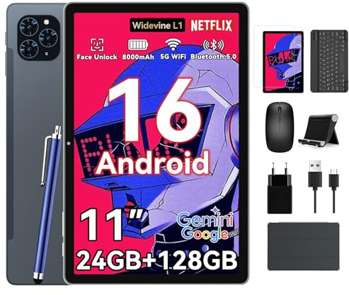 KINGRID T90 Tablette Android 16, 24GO RAM + 128GO ROM, Tablette Tactile 11 Pouces FHD avec Clavier Et Souris, 5G WiFi, 8000mAh, Widevine L1, Double Caméra, Reconnaissance Faciale, GPS, ÉTui