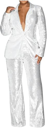 Hosenanzug Damen Festlich Elegant Curvy Pailletten Anzug Zweiteiliger Blazer und Hose Business Hosenanzüge für Frauen Slim Fit Streetwear Damenanzug 2 Stück Set Festlich Pailletten Sets Freizeitanzug