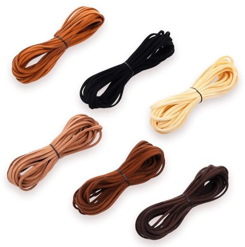 MBAIYO Leather String Suede Cord, 6 Colors 33yd Leather Necklace Cords Rope String Flat Suede for Tassels Jewelry Making Necklace Bracelet Art Crafts Beading Yellow Coffee Dark Coffee Black Khaki