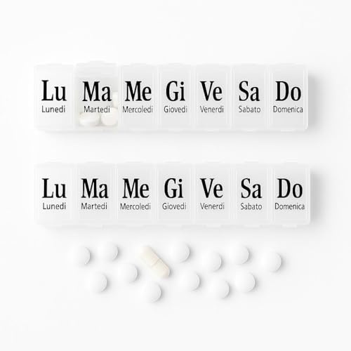 ElixiumPro® 2Pz Portapillole Settimanale a 7 Scomparti x 7 Giorni Portapastiglie Giornaliero Organizer Medicine Porta Pastiglie Pillole Medicinali, Trasparente in Italiano