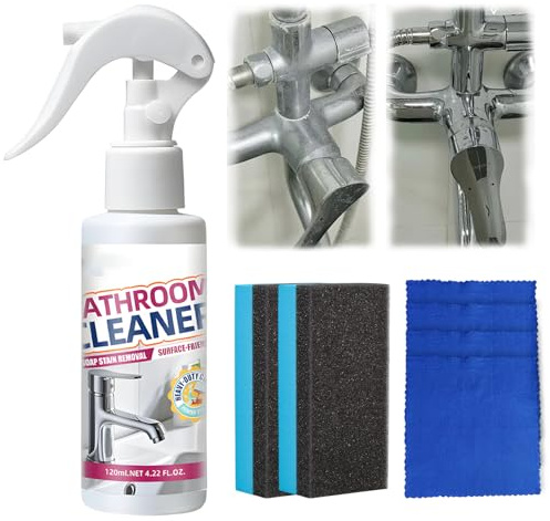 120ML Duschkabinenreiniger Stark, Kalkentferner Dusche Mit 2 Schwämmen Und 4 Tüchern, Badreiniger Extra Stark Für Saubere Duschen Und Fliesen, Schaumiger Descaler Für Badezimmer