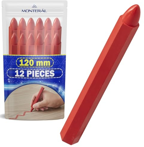 MONTERAL 12 Pezzi Gesso Ceroso da Marcatura Rosso 120 mm - Gessetti Tecnici Multisuperficie per Legno Metallo Cemento Asfalto Tessuti Granito e Vetro