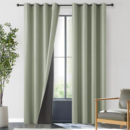 MRTREES Thermovorhang Kälteschutz 100% Vorhang Blickdicht mit Ösen H 235 x B 140 cm, Abdunkelnde Vorhänge Gardinen Salbeigrün 2er Set für Wohnzimmer Modern Schlafzimmer