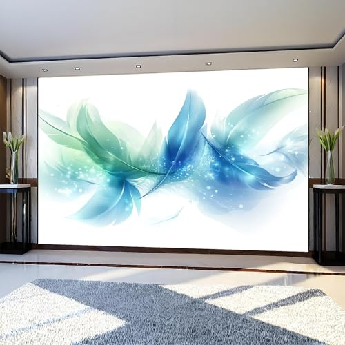 Carta da Parati Effetto Piume ad acquerello 400 x 280 cm Fotomurale Blu per Pareti Camera da Letto Bagno Rivestimento Murale Decorativo