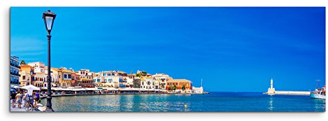 Sinus Art Wandbild 120x40cm Landschaftsfotografie – Hafen in Chania, Kreta, Griechenland auf Leinwand für Wohnzimmer, Büro, Schlafzimmer, Ferienwohnung u.v.m. Gestochen scharf in Top Qualität