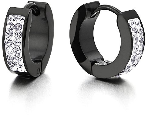 2 Pequeño Negro Pendientes del Aro con Blanco Zirconio Cúbico, Huggie Pendientes para Hombres Mujer, Acero Inoxidable