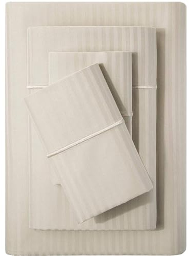 Feather & Stitch 500 TC King Size Damask Bed Sheet Set, 100% Cotton Soft Breathable Bedsheets, 4 Piece 18 Deep Pockets Sateen Weave Striped Bedding Mattress Resort Hotel Luxury- (Beige Stripe)