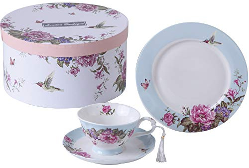 Kaffeetasse und Untertasse, 19,1 cm, Dessertteller, Shabby Chic, Vintage, Porzellan, Vogel, Schmetterling, Blumen, Geschenkbox (Blau)