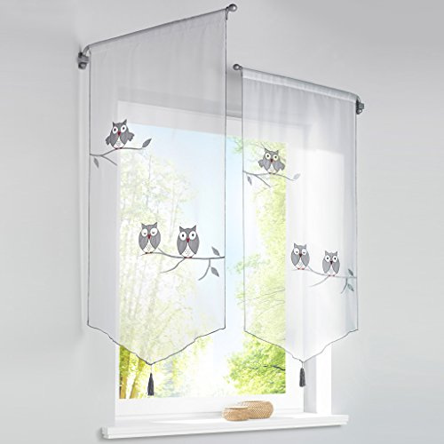 HongYa 1er-Pack Panneaux Eule Muster Bestickter Kurzstore Transparenter Voile Küche Gardine Tunnelzug H/B 120/60 cm