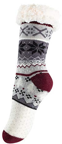 Yenita Hüttensocke mit Teddyfutter und ABS Sohle, Warme Norweger Kuschelsocken - One Size (One Size (36-41), Jumping Deer-Bordeaux)