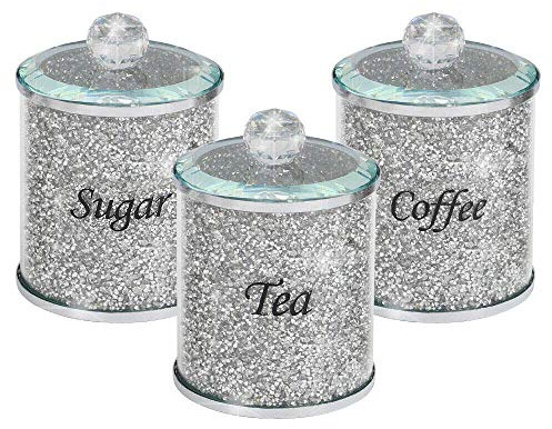 CMK Diamond Crushed Tea Coffee Sugar Canisters Jars Kitchen Storage Silver Trimmings Crystal Filled Black writing
