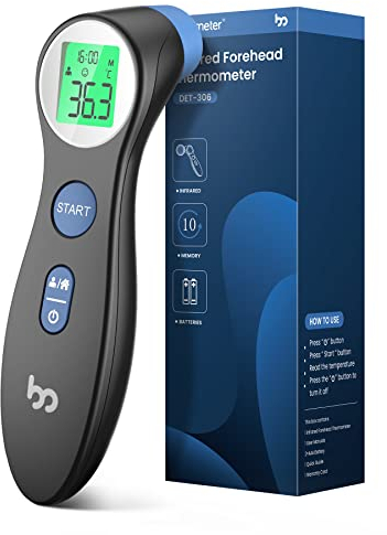 Termometro frontale a infrarossi contactless per neonati adulti, digitale, 2 in 1 a lettura immediata, allarme febbre, display LCD, richiamo memoria con ora esatta, nero