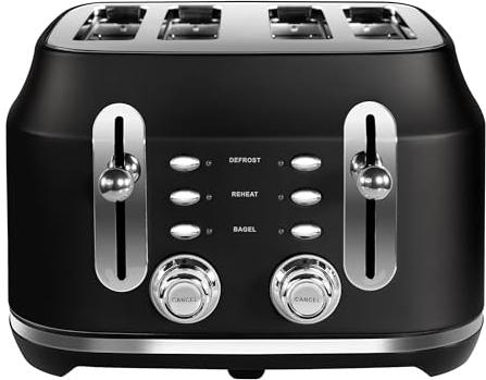 Rangemaster RMCL4S201BK Classic Black 2.1kW 4 Slice Toaster with Defrost, Cancel & Reheat Functions, Removable Crumb Tray & 6 Power Levels with 3 Year Guarantee