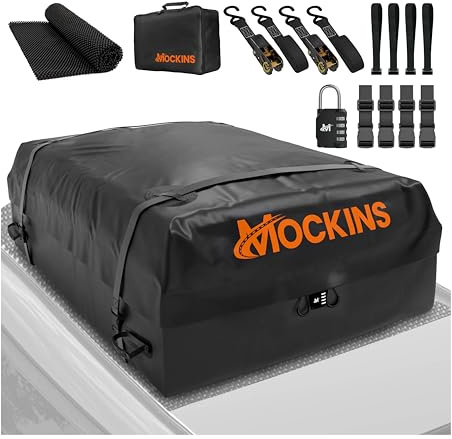 Mockins 25 CuFt Waterproof Rooftop Cargo Carrier Bag | 60x43x17 All-Weather 500D Soft-Shell Vinyl Car Top Carrier Without Roof Rack | Vehicle Soft-Shell Carriers with Roof Mat, Lock, Hooks & Straps