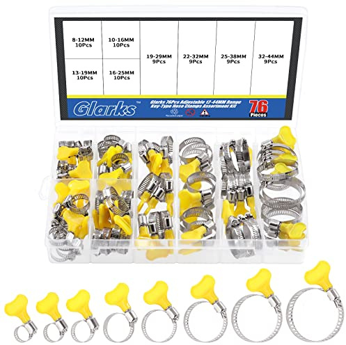 Glarks 76 Stück verstellbare 8–44 mm Schlauchschellen Sortiment Set Schlüsseltyp Edelstahl Schneckengetriebe Schlauchschelle mit Kunststoffgriff für Wasserleitungen, Sanitär, Automobil und