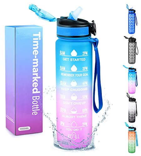 Lychico Sports Water Bottle 1L with Straw, BPA Free Tritan Non-Toxic Plastic, Leakproof & Flip Lid Ideal for Sports, Gym, Fitness, Outdoor, Cycling, School & Office, Blue/Purple Gradient (ydsp)