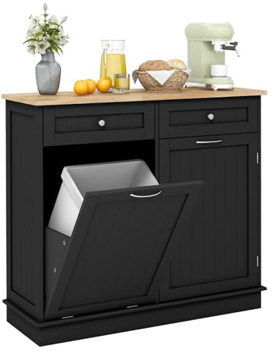 COSTWAY Sideboard with Trash Bin Hamper, Rubber Wood Top Tilt-out Trash Cabinet, Freestanding Storage Cupboard Unit for Kitchen Laundry, No Trash Can (Black)